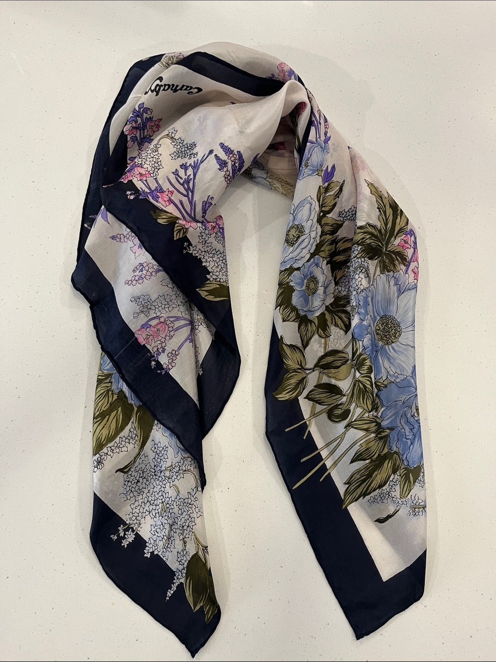 Vintage Carnaby Floral Silk hand rolled Scarf in Navy & Pastel Blue